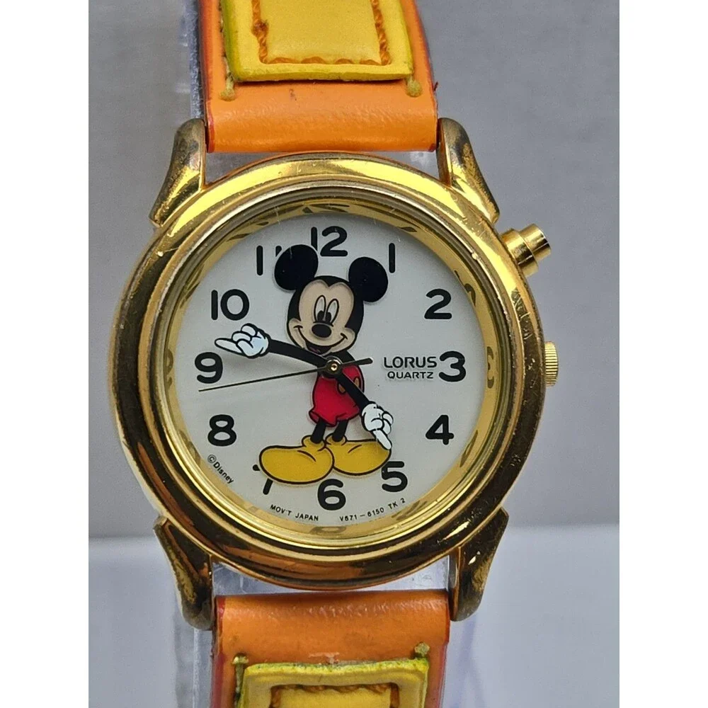 Vtg 1990s Lorus Disney Mickey Mouse Instalite Gold Tone Quartz Watch New Battery